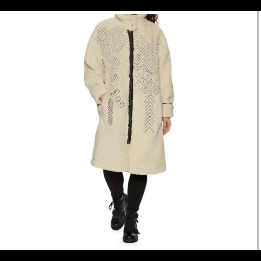 Free People Avery Longline Embroidered Teddy Coat Jacket Beige